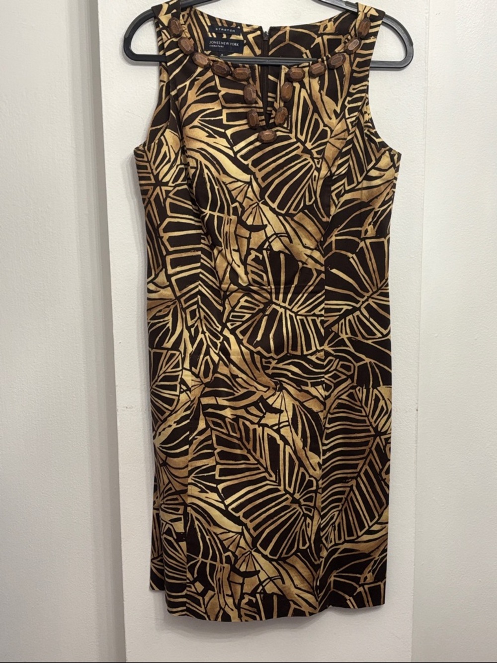 Jones New York Tropical Brown Gold Palm Leaf-Print Sheath Dress Size 12 Stretch
